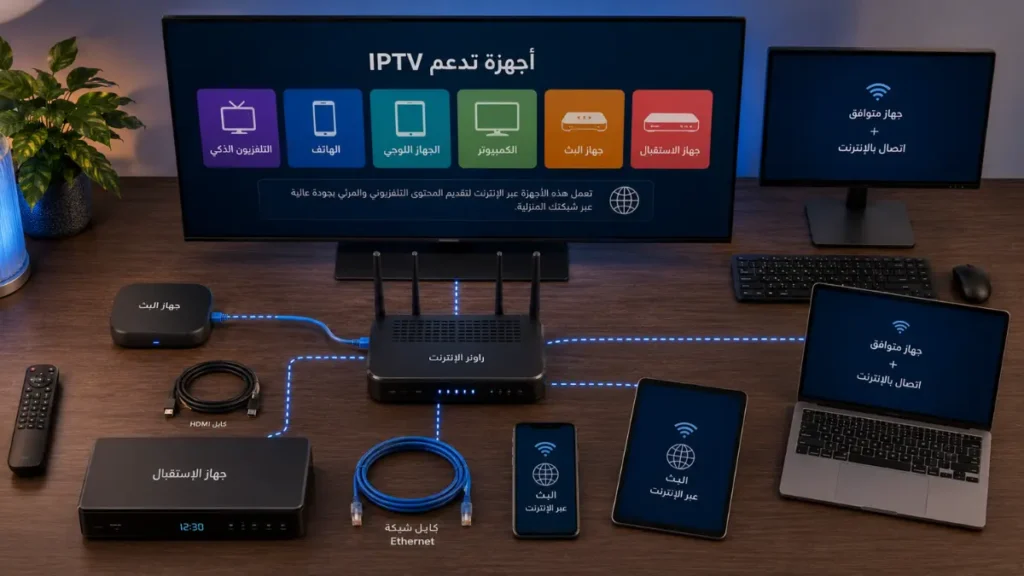 الأجهزة التي تدعم IPTV مثل Smart TV والهاتف والكمبيوتر