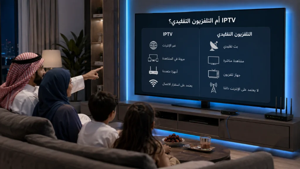 ALT Text: مقارنة IPTV أم التلفزيون التقليدي داخل منزل عربي توضح اختلاف طريقة البث والاتصال والأجهزة.