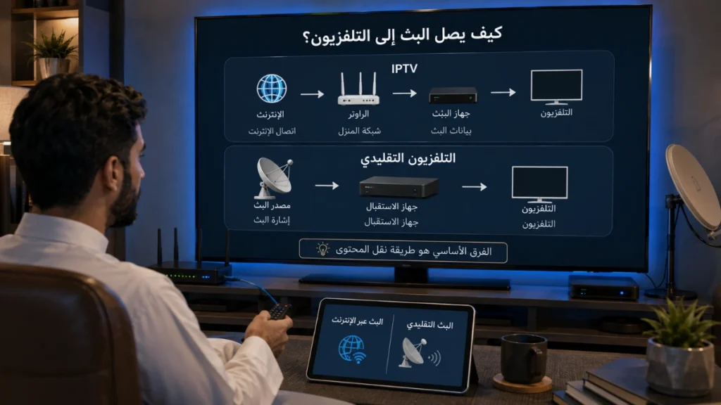 شرح كيفية عمل IPTV والتلفزيون التقليدي والفرق بين البث عبر الإنترنت وإشارة التلفزيون.