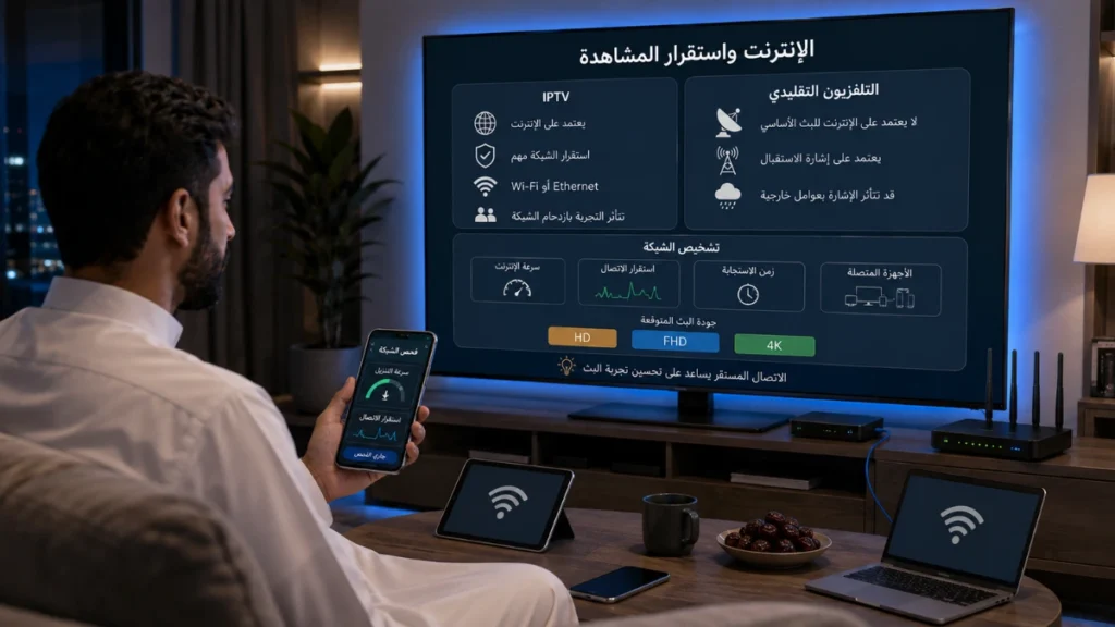 تأثير سرعة واستقرار الإنترنت على IPTV مقارنة بالتلفزيون التقليدي داخل شبكة منزلية.