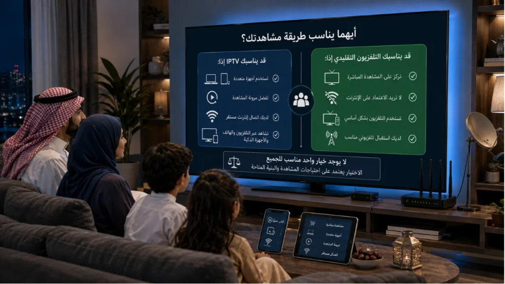 اختيار IPTV أم التلفزيون التقليدي حسب الإنترنت والأجهزة وعادات المشاهدة لدى الأسرة العربية.